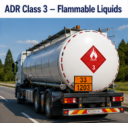 Fuel tanker transporting flammable liquids with ADR Class 3 hazard signs