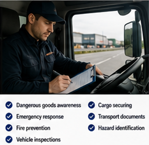 ADR certified dangerous goods driver performing vehicle inspection