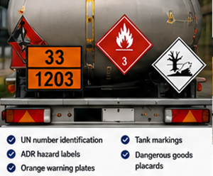 ADR orange plates and dangerous goods markings displayed on transport truck