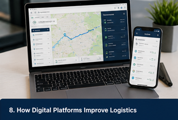 Digital logistics platform dashboard showing tracking communication and transport orders